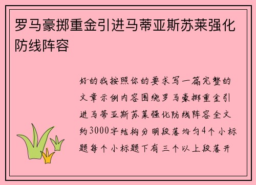 罗马豪掷重金引进马蒂亚斯苏莱强化防线阵容